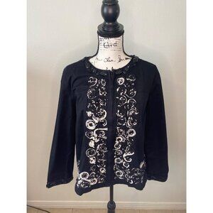 Vintage 90s India Embroidered Black Zip Jacket Beaded Rosette Large